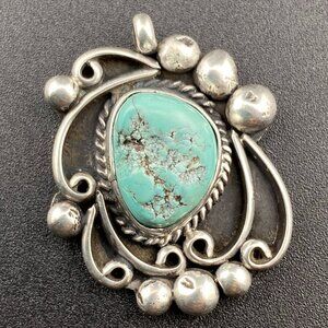 Vintage Navajo Native American Lee Turquoise Sterling Silver 1.3" Pendant 11 gm